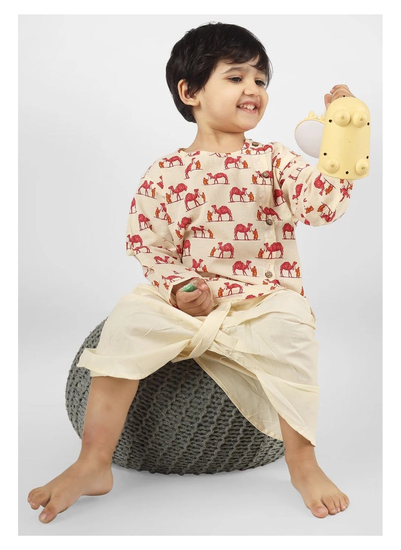 Polka Tots Full Sleeves Camel Print Angrakha Top With Dhoti - Cream (0M - 3M)