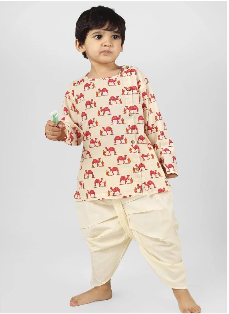 Polka Tots Full Sleeves Camel Print Angrakha Top With Dhoti - Cream (0M - 3M)