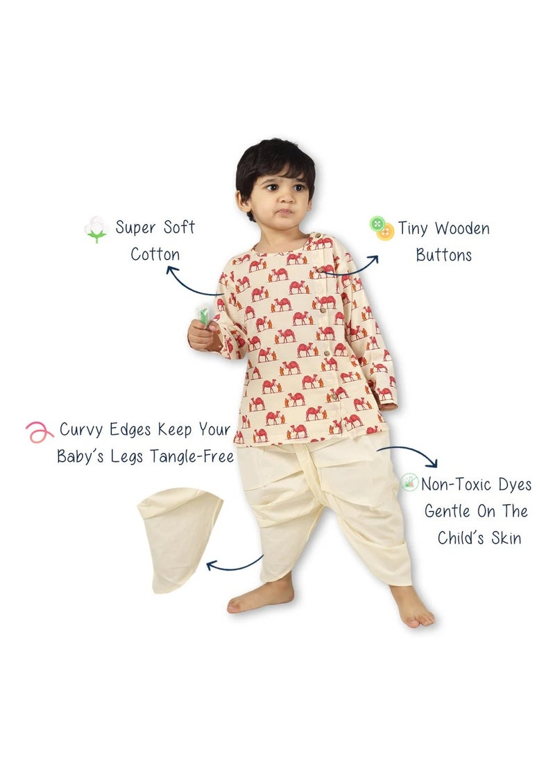 Polka Tots Full Sleeves Camel Print Angrakha Top With Dhoti - Cream (0M - 3M)