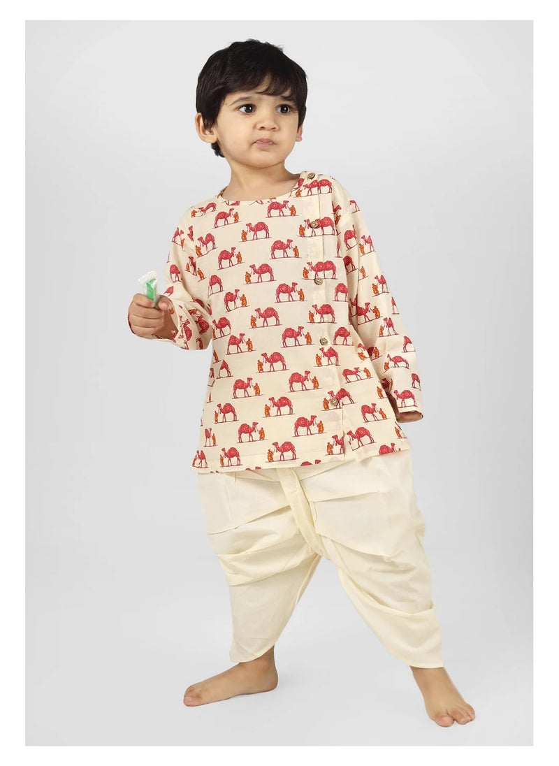 Polka Tots Full Sleeves Camel Print Angrakha Top With Dhoti - Cream (6M - 9M)