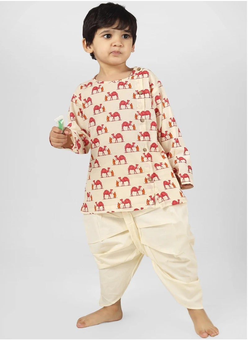 Polka Tots Full Sleeves Camel Print Angrakha Top With Dhoti - Cream (3M - 6M)