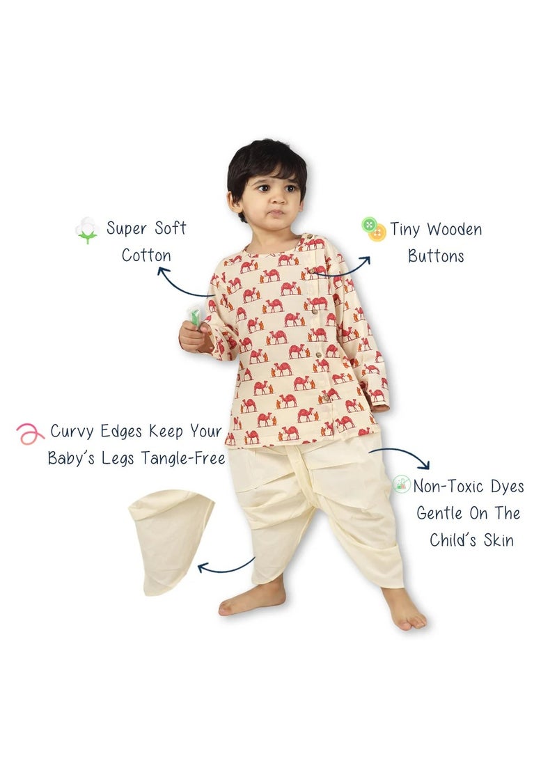 Polka Tots Full Sleeves Camel Print Angrakha Top With Dhoti - Cream (4Y - 5Y)