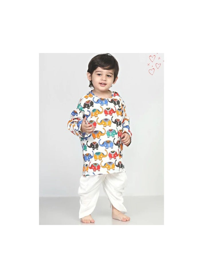 Polka Tots Full Sleeves Elephant Angrakha Top With Dhoti  - Colorful