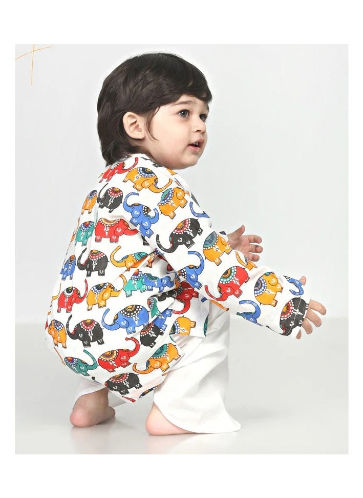 Polka Tots Full Sleeves Elephant Angrakha Top With Dhoti  - Colorful