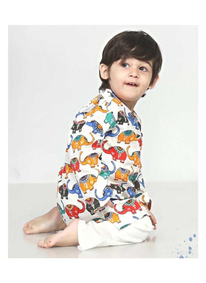 Polka Tots Full Sleeves Elephant Angrakha Top With Dhoti  - Colorful