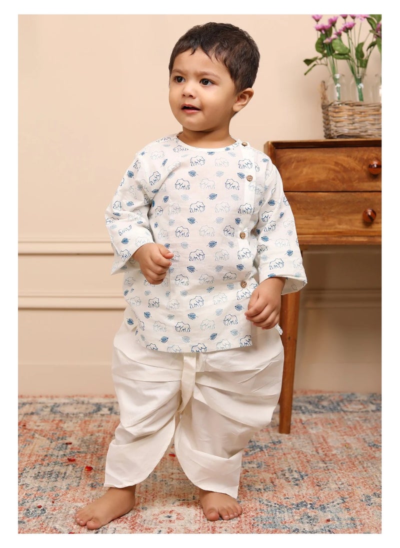 Polka Tots Full Sleeves Elephant Print Angrakha with Dhoti - White & Blue