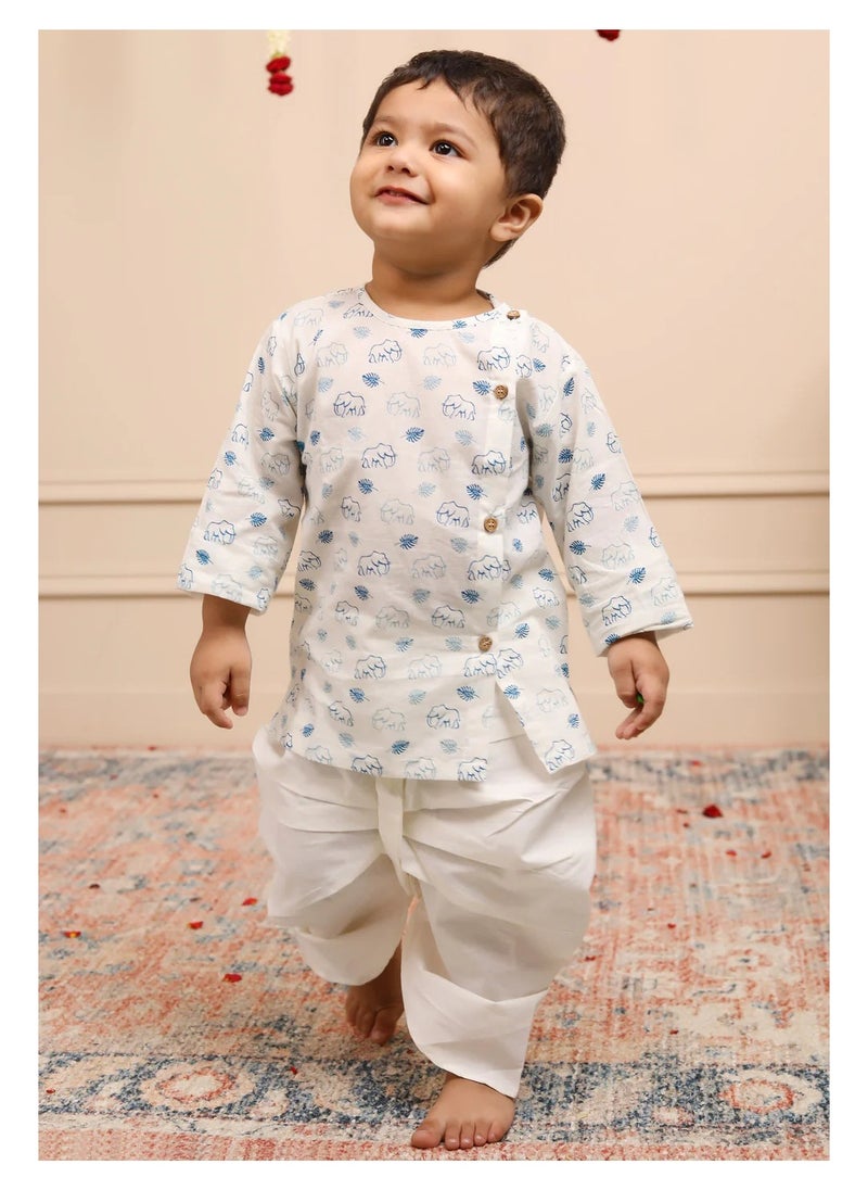 Polka Tots Full Sleeves Elephant Print Angrakha with Dhoti - White & Blue