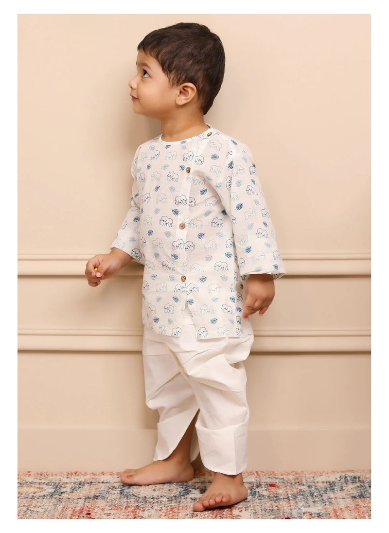 Polka Tots Full Sleeves Elephant Print Angrakha with Dhoti - White & Blue