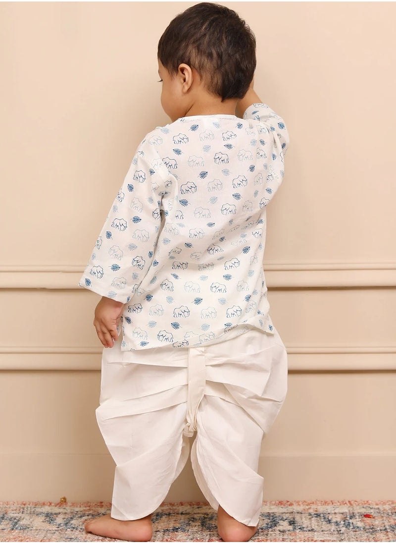 Polka Tots Full Sleeves Elephant Print Angrakha with Dhoti - White & Blue