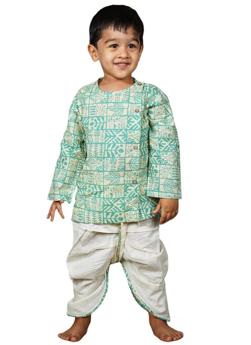 Polka Tots Full Sleeves Geometric Print Angrakha Top With Dhoti - Cream & Green