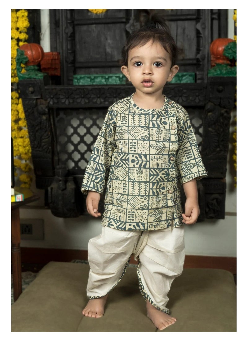 Polka Tots Full Sleeves Geometric Print Angrakha Top With Dhoti - Cream & Grey