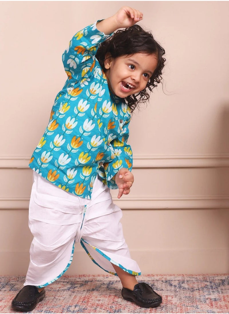 Polka Tots Full Sleeves Lotus Print Angrakha with Dhoti - Blue