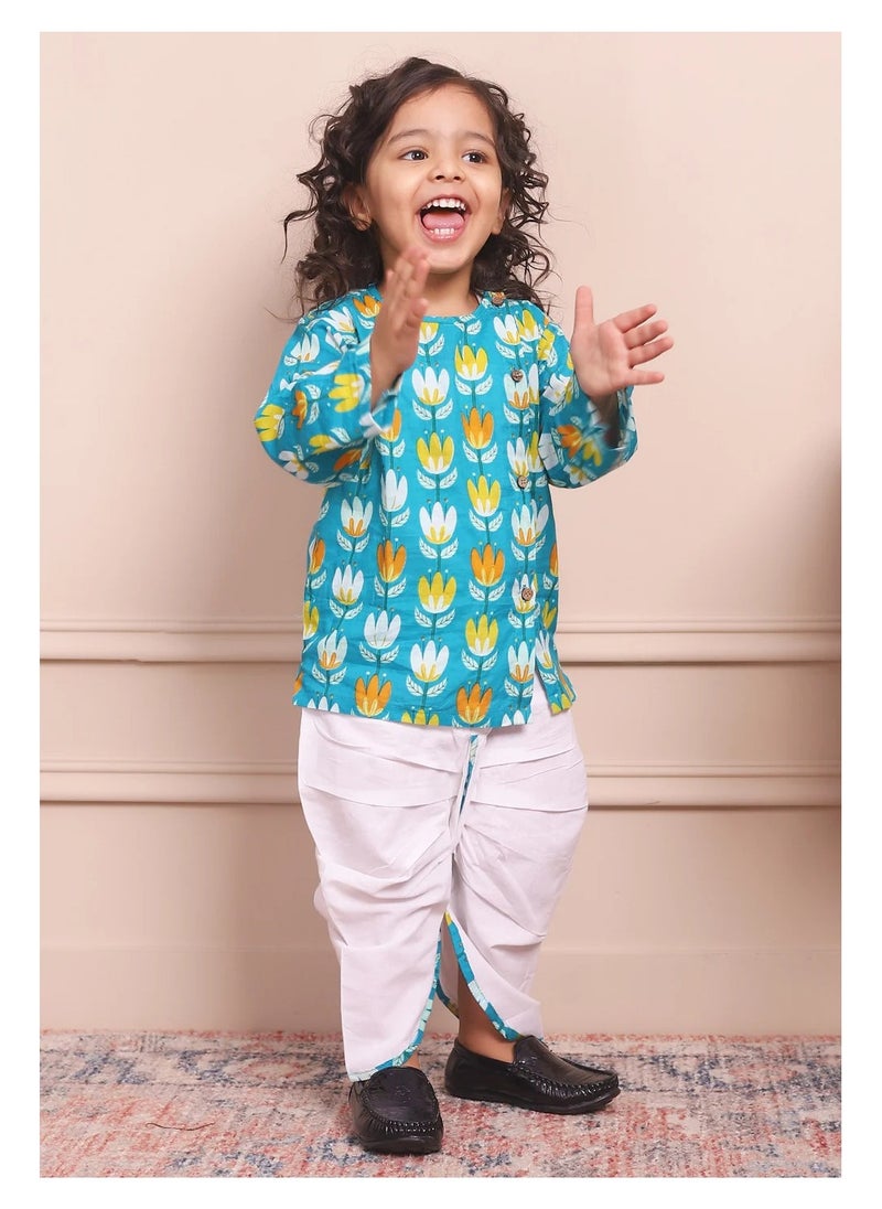 Polka Tots Full Sleeves Lotus Print Angrakha with Dhoti - Blue