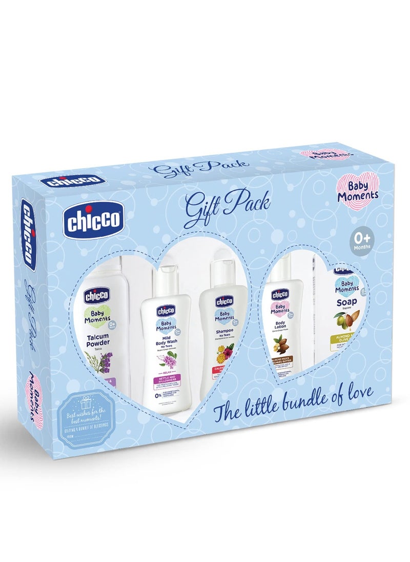 Chicco Baby Moments Baby Essentials Gift Pack (Blue) with 5 Baby Skin & Haircare Products | Phenoxyethanol Free