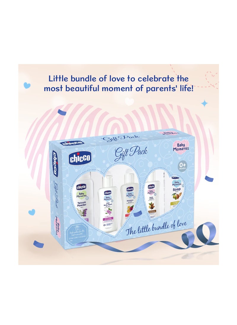 Chicco Baby Moments Baby Essentials Gift Pack (Blue) with 5 Baby Skin & Haircare Products | Phenoxyethanol Free