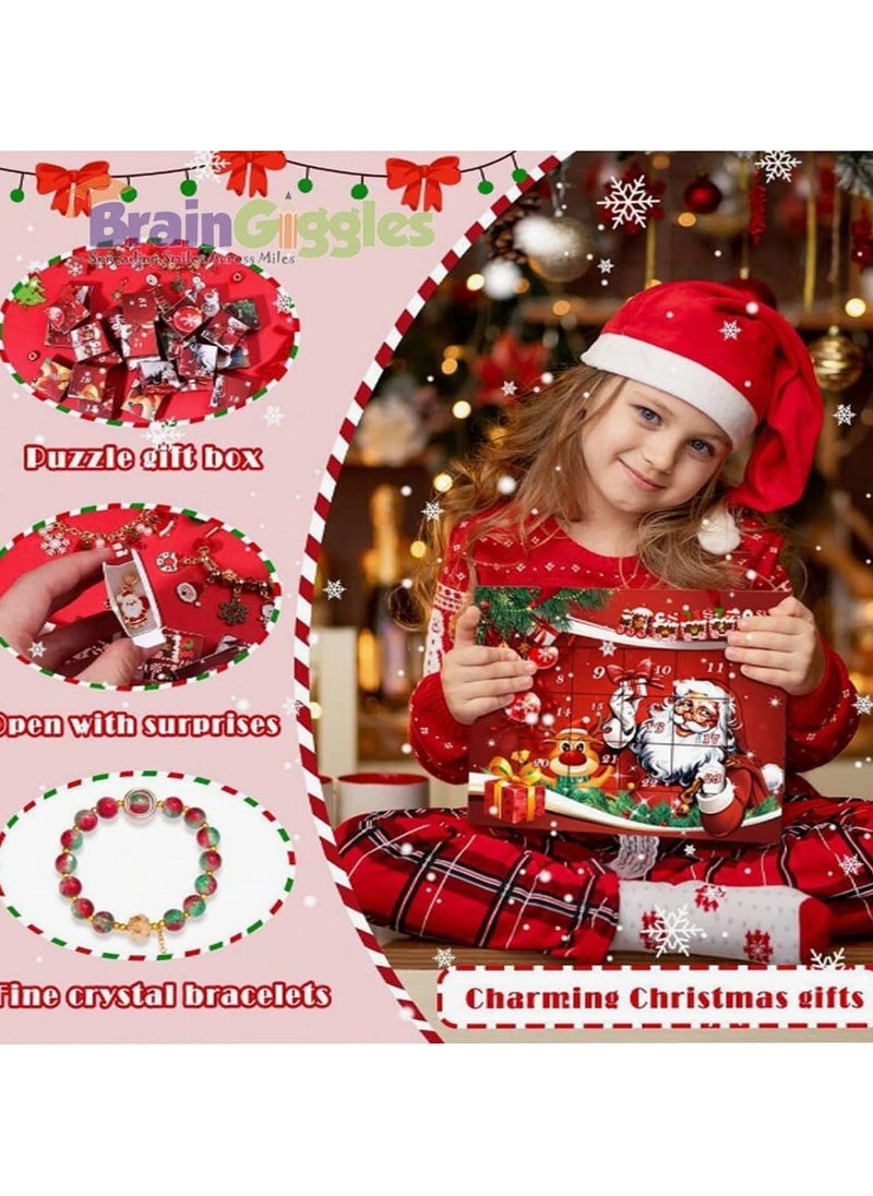 BrainGiggles Christmas Advent Calendar 2024 for Girls – DIY Jewellery Set Santa Advent Calendar with 24 Surprise Boxes – Christmas Gift for Kids - Christmas Calendar for Xmas Decorations