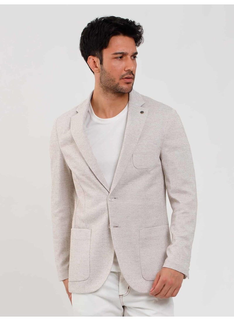 Beige Men's Slim Fit Dobby Mono Collar Jacket 104435