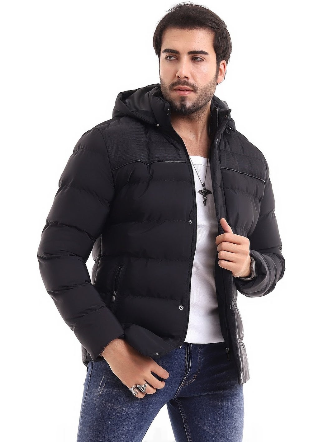 Men's Hooded Black Water and Windproof Regular Puffer Coat & Jacket