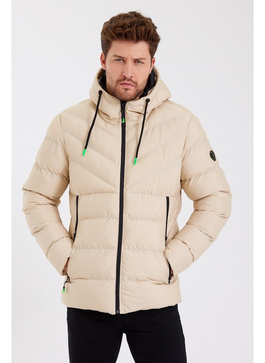 New Season Men's Cream Water and Windproof Hooded Thick Furry Puffer Coat & Jacket