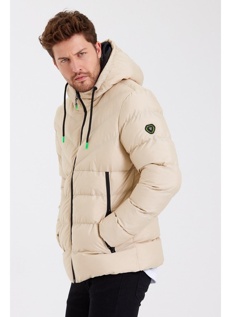 New Season Men's Cream Water and Windproof Hooded Thick Furry Puffer Coat & Jacket