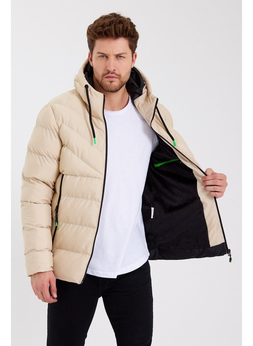 New Season Men's Cream Water and Windproof Hooded Thick Furry Puffer Coat & Jacket