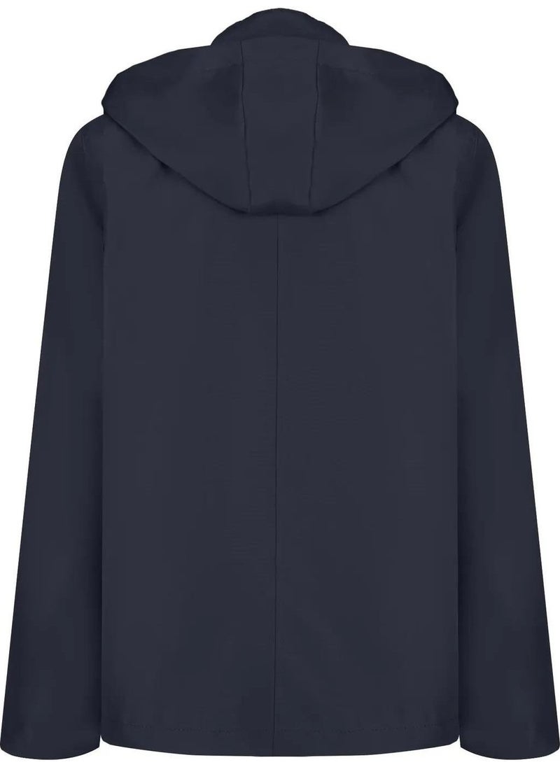 Men's Navy Blue 100% Waterproof Summer Coat with Removable Hood and Inner Pocket