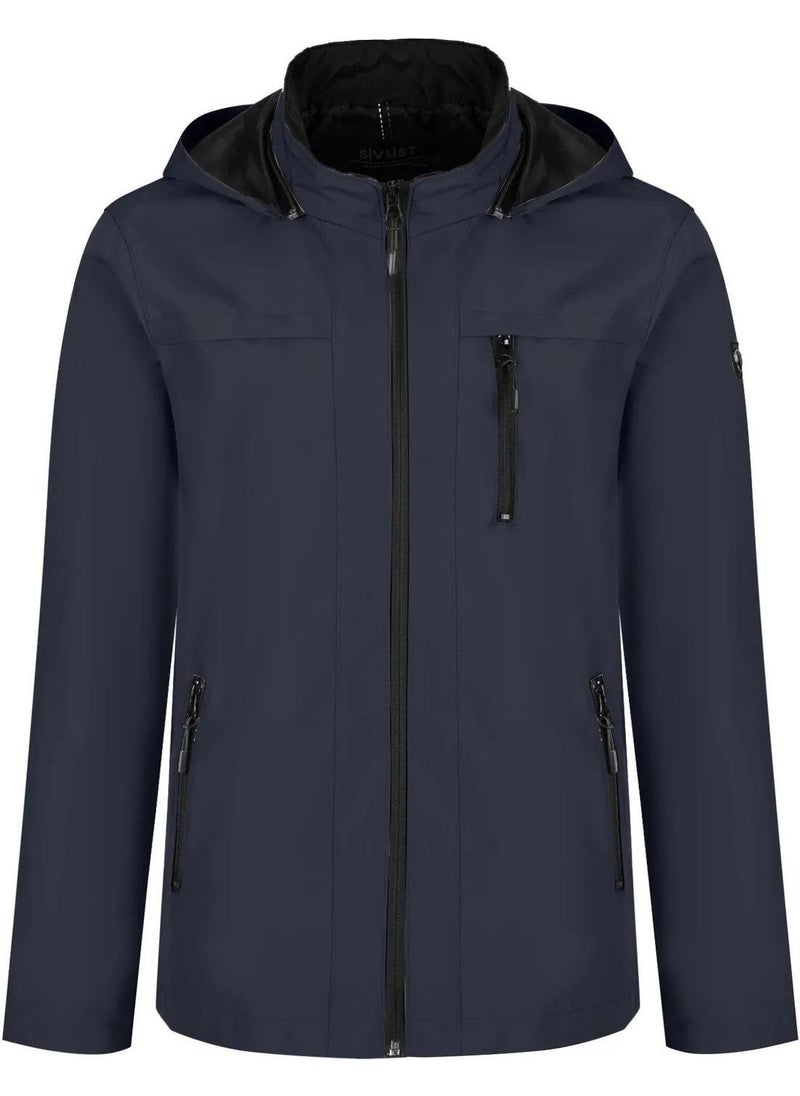 Men's Navy Blue 100% Waterproof Summer Coat with Removable Hood and Inner Pocket