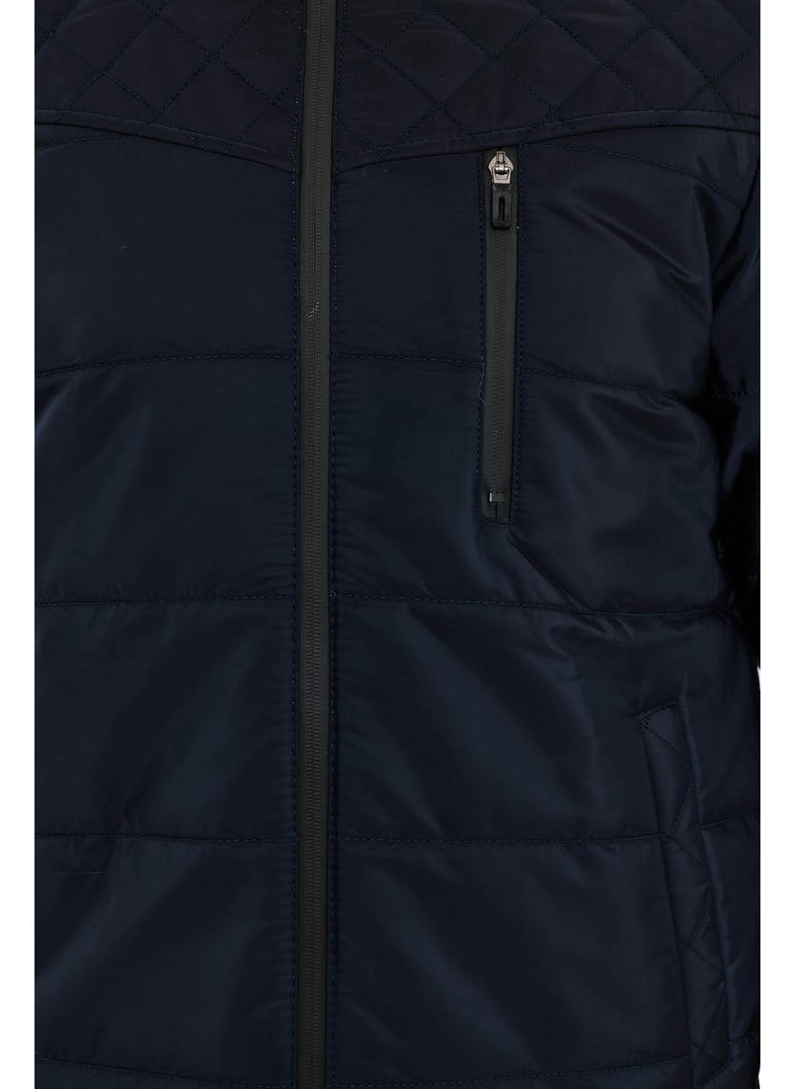 Men's Navy Blue Standard Fit Normal Cut Stand Collar Shoulder Detailed Winter Coat