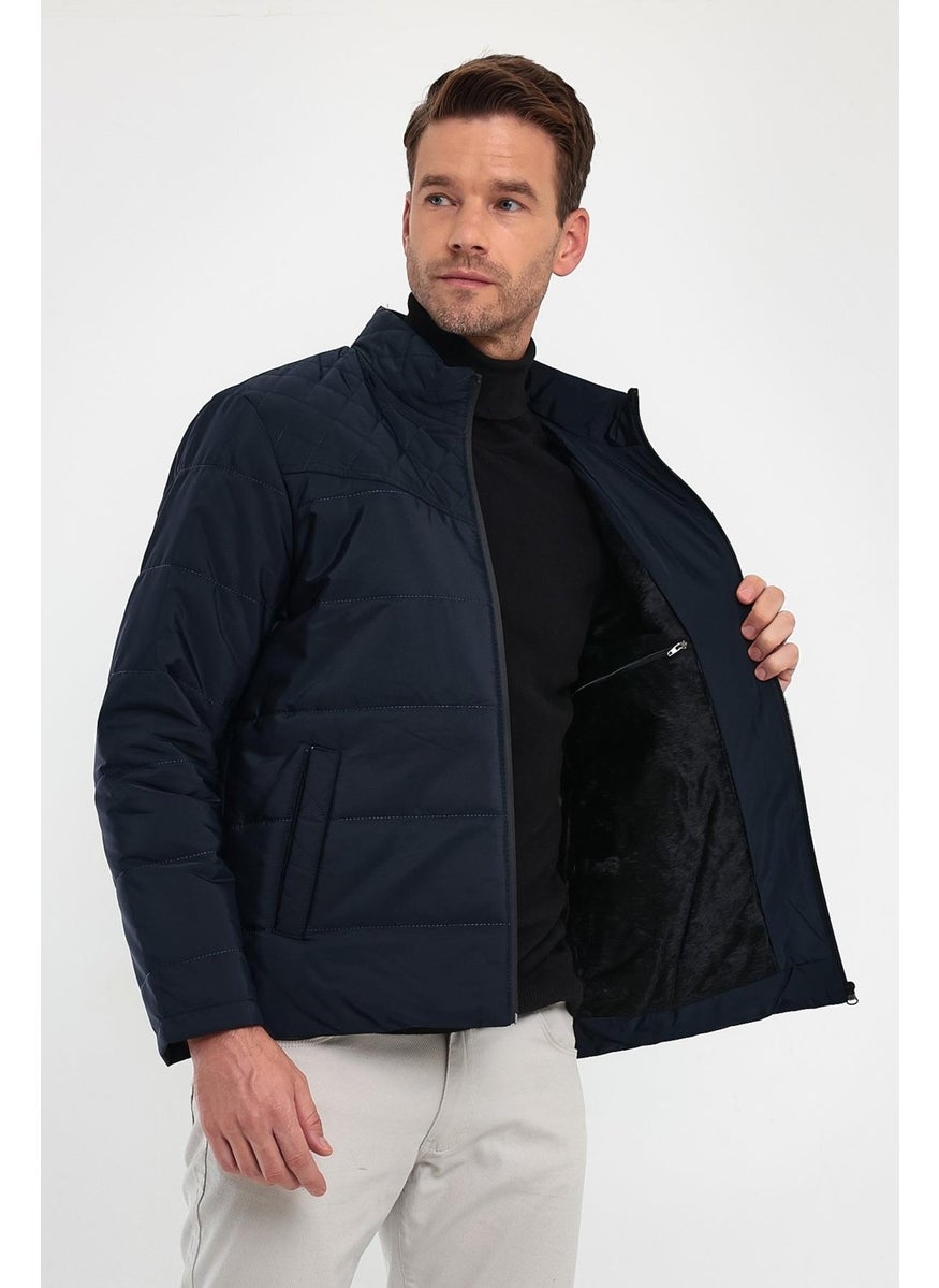 Men's Navy Blue Standard Fit Normal Cut Stand Collar Shoulder Detailed Winter Coat