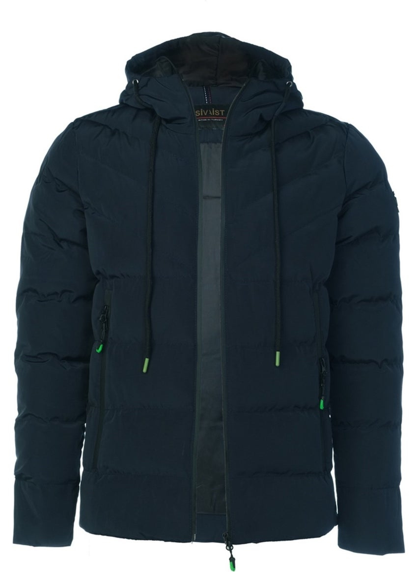 New Season Men's Navy Blue Water and Windproof Hooded Thick Furry Puffer Coat & Jacket