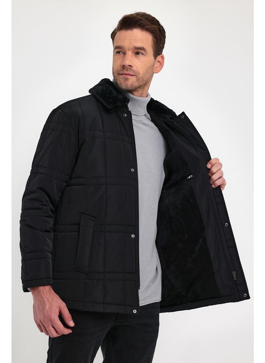 Men's Black Standard Fit Normal Cut Furry Detachable Collar Snap Detail Zippered Furry Winter Coat