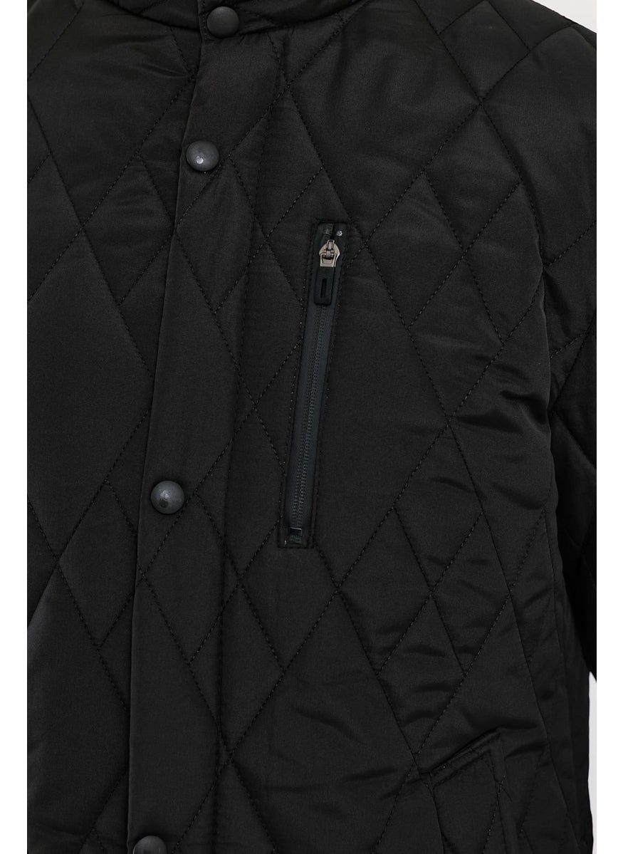 Men's Black Standard Fit Regular Cut Fur Lined Stand-up Collar Snap-Front Padded Patterned Overcoat