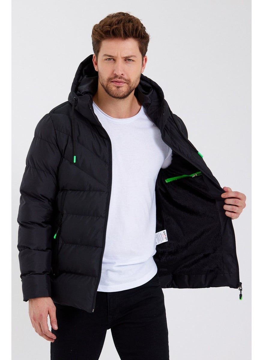 New Season Men's Black Water and Windproof Hooded Thick Furry Puffer Coat & Jacket