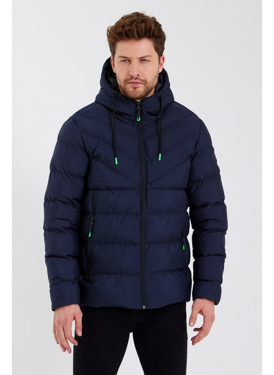 New Season Men's Navy Blue Water and Windproof Hooded Thick Furry Puffer Coat & Jacket