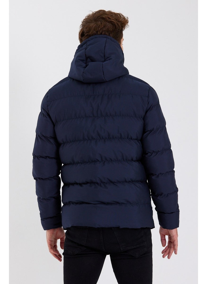 New Season Men's Navy Blue Water and Windproof Hooded Thick Furry Puffer Coat & Jacket