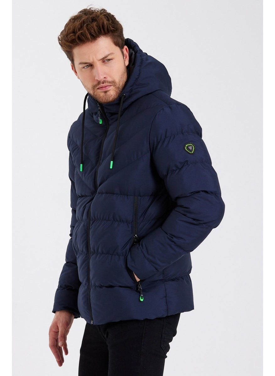 New Season Men's Navy Blue Water and Windproof Hooded Thick Furry Puffer Coat & Jacket