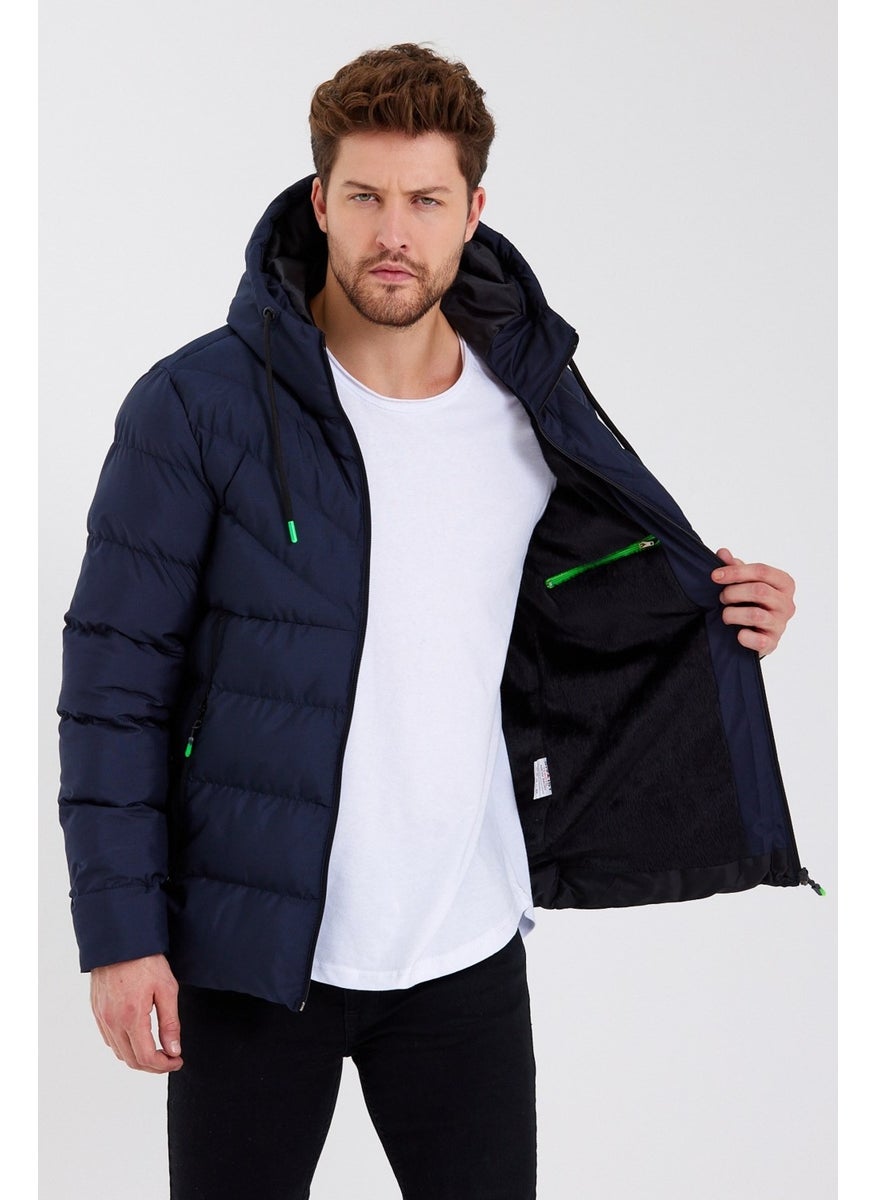 New Season Men's Navy Blue Water and Windproof Hooded Thick Furry Puffer Coat & Jacket