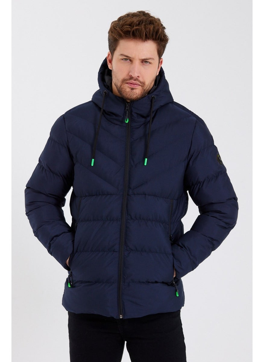 New Season Men's Navy Blue Water and Windproof Hooded Thick Furry Puffer Coat & Jacket