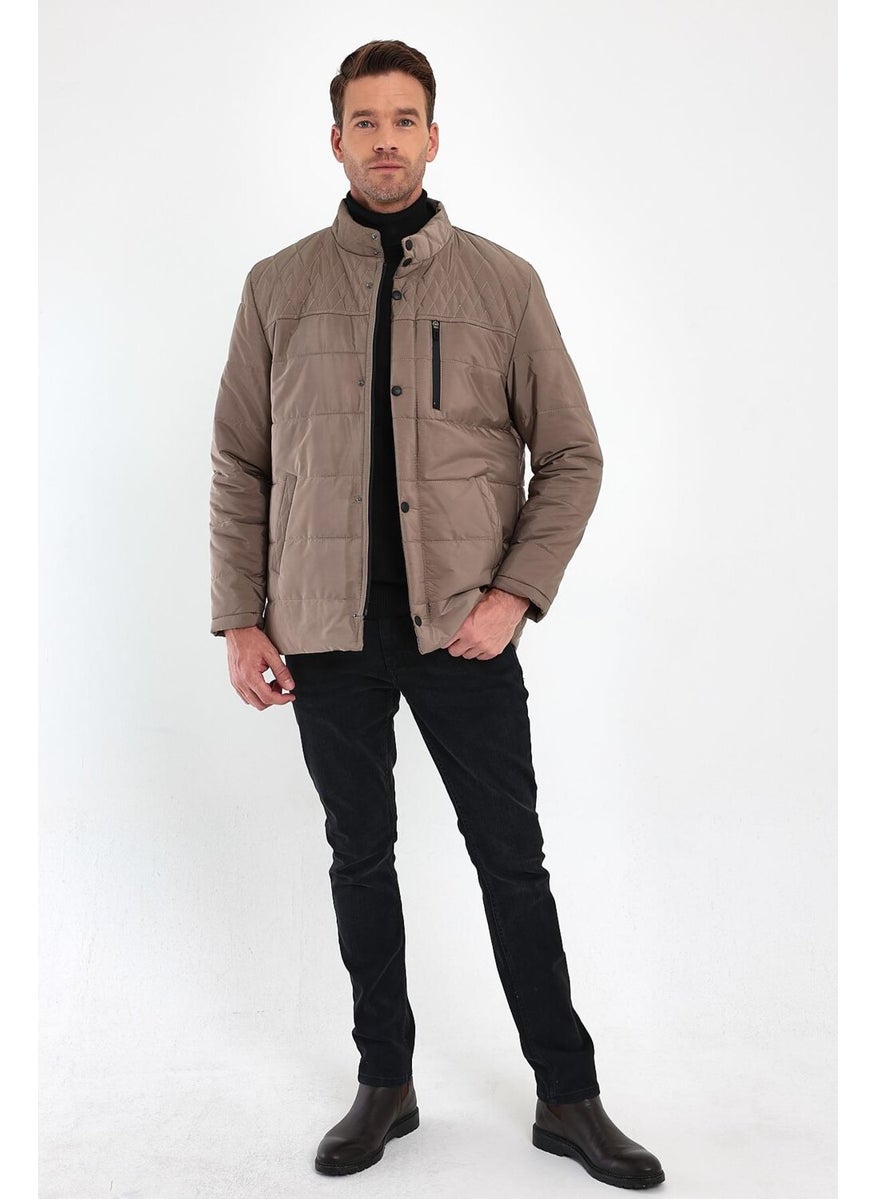 Men's Cream Standard Fit Normal Cut Fur Lined Stand Collar Snap Detail Zippered Winter Coat