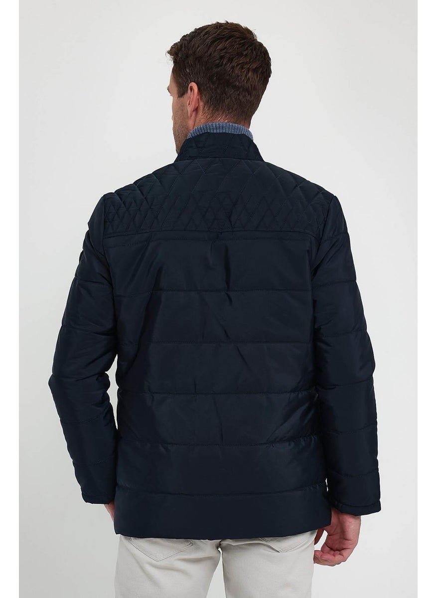 Men's Navy Blue Standard Fit Normal Cut Fur Lined Stand Collar Snap Detail Zippered Winter Coat