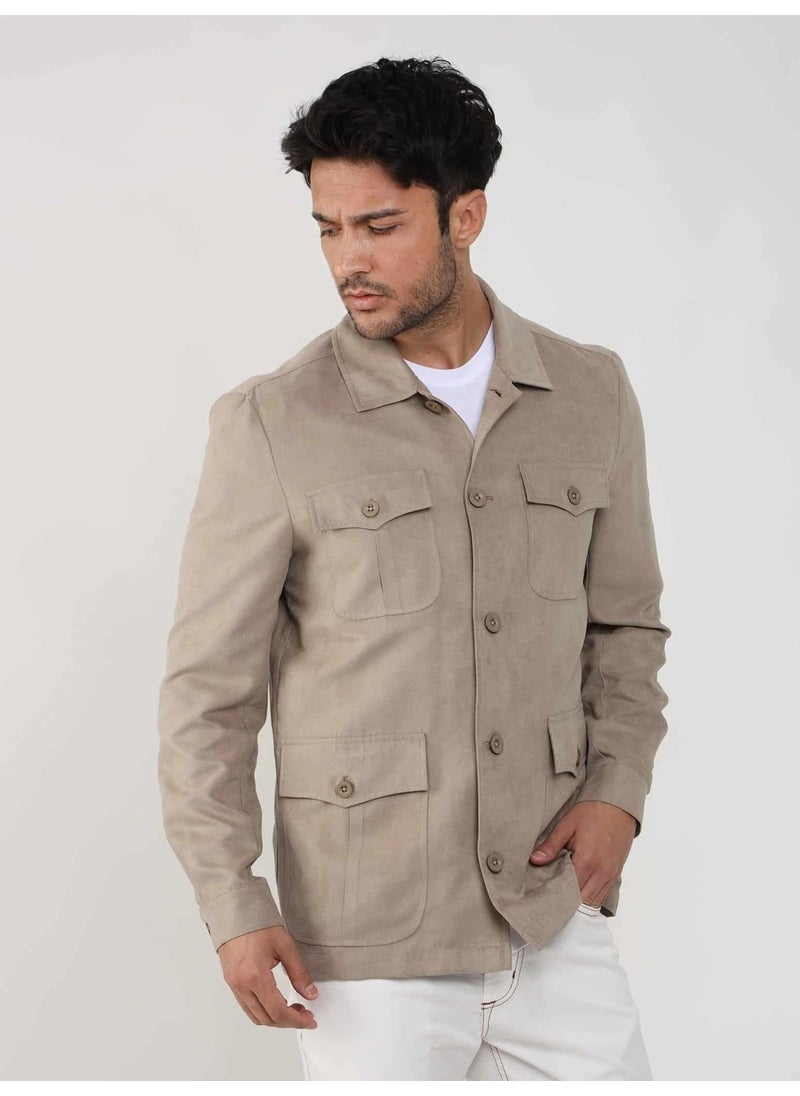 Beige Men's Regular Fit Plain Classic Collar Suede Coat - 104736