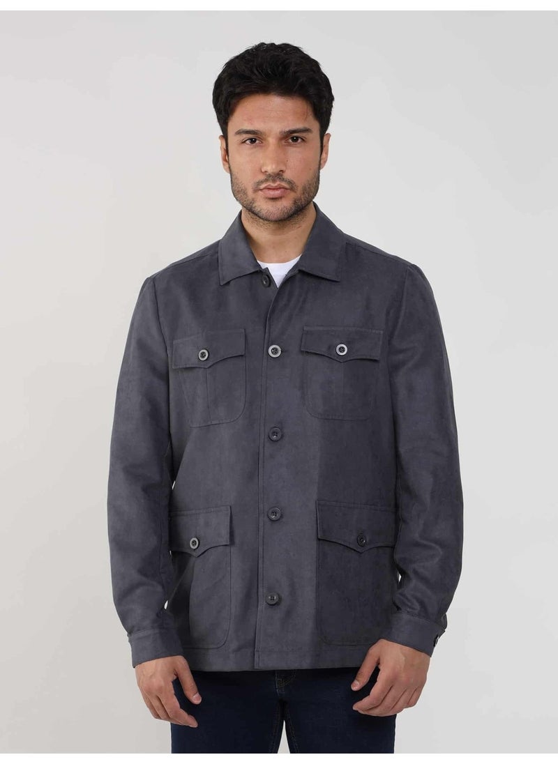 Gray Men's Regular Fit Plain Classic Collar Suede Coat - 105399