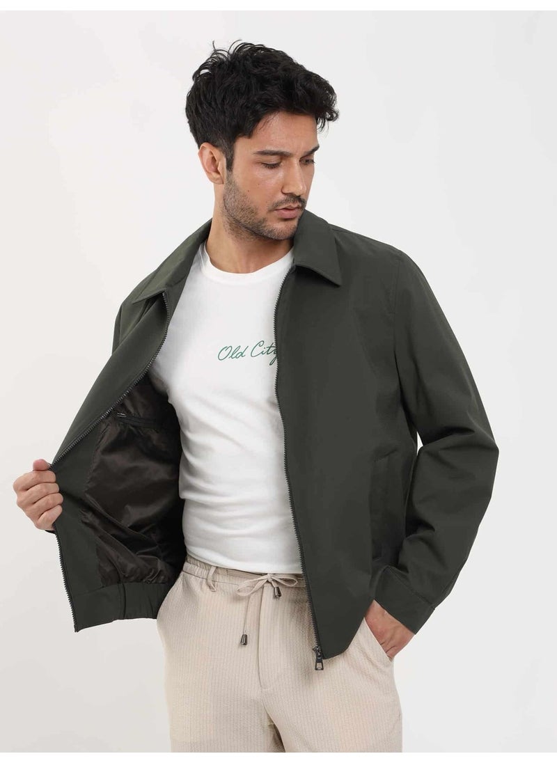 Khaki Men's Regular Fit Plain Classic Collar Bomber Coat - 104389