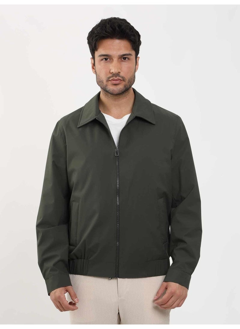 Khaki Men's Regular Fit Plain Classic Collar Bomber Coat - 104389