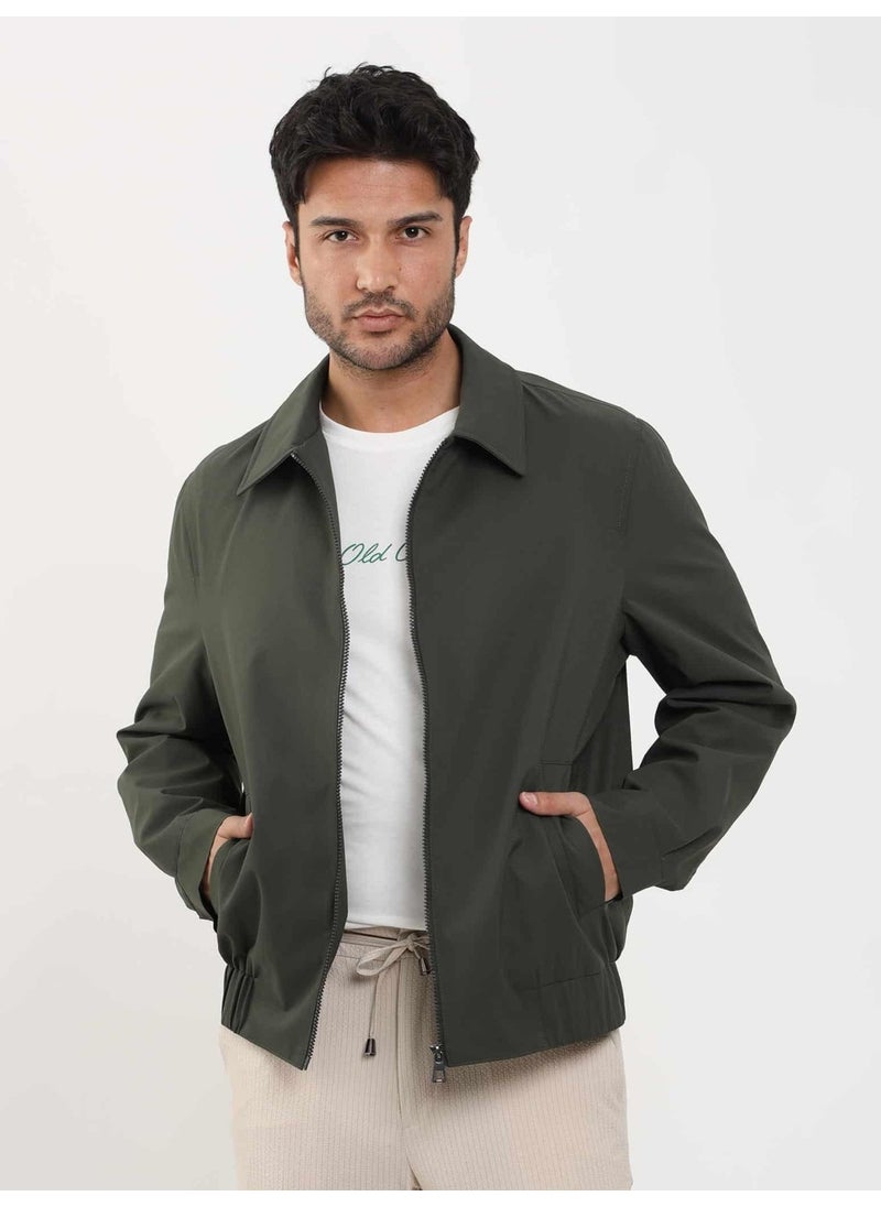 Khaki Men's Regular Fit Plain Classic Collar Bomber Coat - 104389