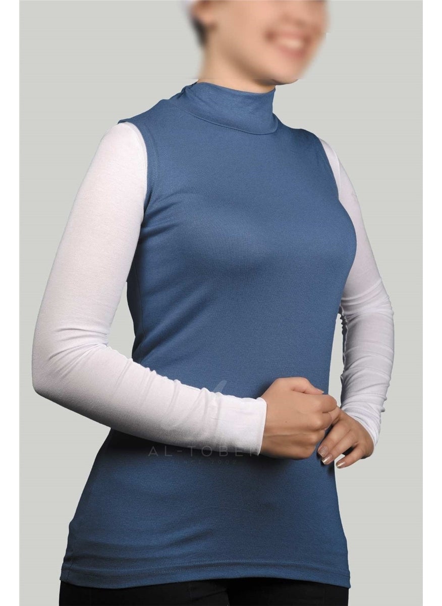 Zero Sleeve Turtleneck Neck Lycra Combed Cotton Women's Body - Light Denim