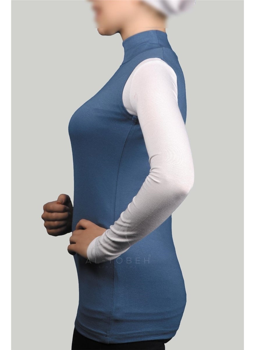 Zero Sleeve Turtleneck Neck Lycra Combed Cotton Women's Body - Light Denim