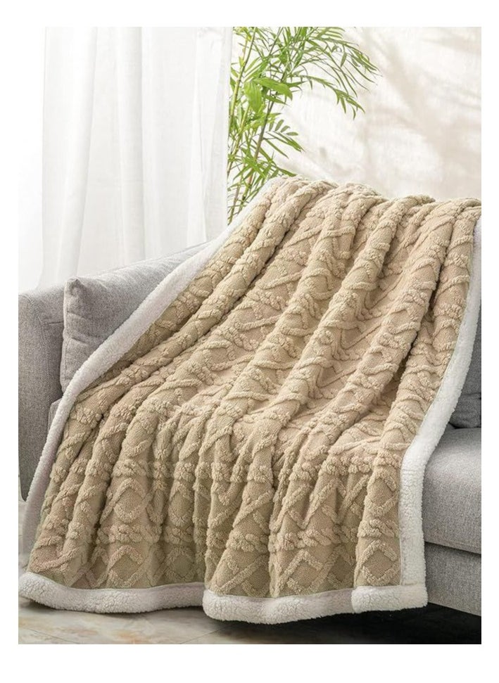 Jacquard Sherpa Blanket Single Size Twin Plush Bed Blanket Single 160x220cm Flannel Fleece Reversible Lamb Blanket ,Warm And Plush Throw Blanket For Bed Sofa Travel Couch (Beige)