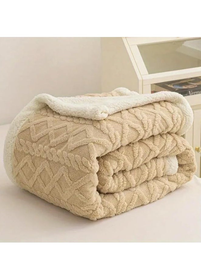 Jacquard Sherpa Blanket Single Size Twin Plush Bed Blanket Single 160x220cm Flannel Fleece Reversible Lamb Blanket ,Warm And Plush Throw Blanket For Bed Sofa Travel Couch (Beige)