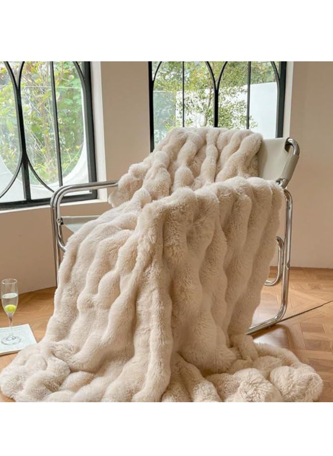 Soft Plush Throw Blanket ,Super Soft Cozy Fuzzy Blanket Faux Fur Blanket for Couch Bed and Sofa , (100 x 150cm),(Beige)